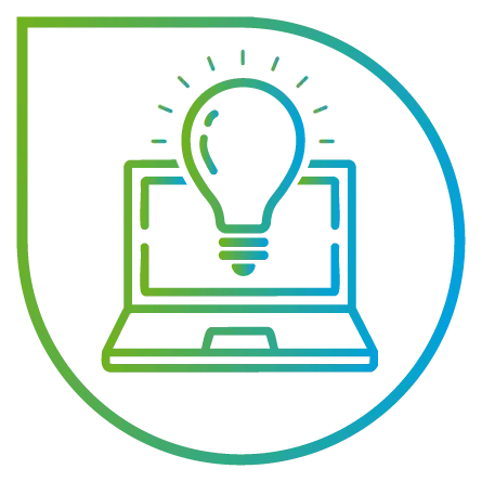 Ein grün-blauer Umriss eines Laptops mit einer leuchtenden Glühbirne darüber. Das Design, das an eine WordPress-Website-Oberfläche erinnert, ist teilweise in eine Tropfenform eingebettet und suggeriert innovative Technologieideen, die perfekt für Ihre Firmenhomepage oder Ihr Webdesign in Düsseldorf geeignet sind.