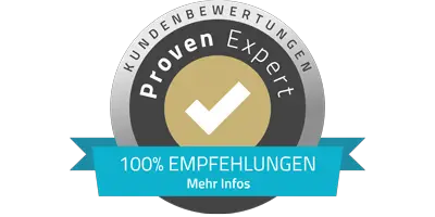Ein rundes Schild mit „KUNDENBEWERTUNGEN“ oben und „Proven Expert“ in der Mitte, mit einem Häkchen auf goldenem Hintergrund. Darunter steht auf einem blauen Band „100% EMPFEHLUNGEN Mehr Infos“. Ideal für Ihre Firmenhomepage oder WordPress-Website, die Exzellenz im Webdesign in Düsseldorf zeigt.