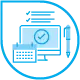 Ein stilisiertes blaues Symbol, das einen Desktop-Computer mit einem Häkchen auf dem Bildschirm zeigt, begleitet von einem Kalender und einem Smartphone. Ein blauer kreisförmiger Umriss umgibt die Elemente teilweise und vermittelt ein abstraktes Gefühl digitaler Konnektivität oder Planung, perfekt für die Präsentation von Webdesign in Düsseldorf.