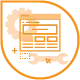 Das orange Kreisdiagramm mit verbundenen Pfeilen und Rechtecken veranschaulicht einen Prozessablauf oder -zyklus, ähnlich dem Design einer Firmenhomepage. Innerhalb des Kreises zeigen verschiedene Symbole und Textfelder verschiedene Phasen oder Elemente des Prozesses an.