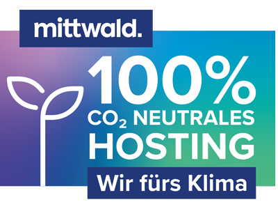 Ein rechteckiges Bild mit Farbverlauf im Hintergrund zeigt den Text auf Deutsch: „mittwald. 100% CO2-neutrales Hosting Wir fürs Klima.“ Ein Pflanzensprossen-Symbol ergänzt die Botschaft über umweltfreundliches WordPress-Webdesign für Unternehmen.