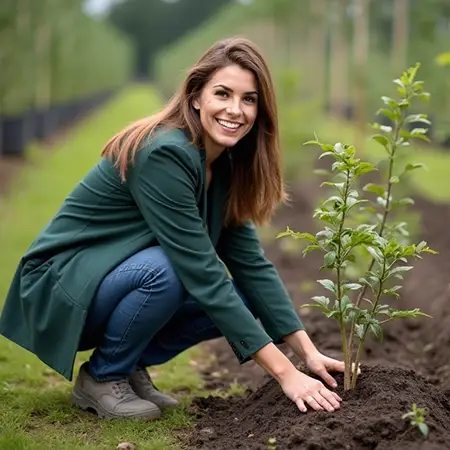 Eine Frau hockt in einer Wiese, trägt eine grüne Jacke und Jeans. Lächelnd pflanzt sie einen jungen Baum in die Erde und fördert das Wachstum, so wie das richtige Webdesign Düsseldorf die Onlinepräsenz von Firmen verbessert. Hinter ihr stehen weitere Bäume in Reihen und symbolisieren florierende Websites von Unternehmen.