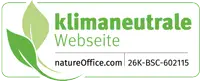 Logo mit dem Text „klimaneutrale Webseite“ in Grün, links ein stilisiertes Blattmotiv. Darunter steht „natureOffice.com“ und in Schwarz der Code „26K-BSC-602115“. Ideal für jede Firmenhomepage oder alle, die Düsseldorfer Webdesign-Expertise suchen.