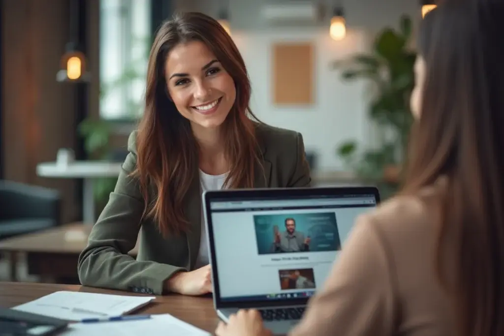 Zwei Frauen sitzen an einem Tisch in einem Büro. Eine Frau lächelt und blickt die andere an, die auf einen Laptop konzentriert ist, auf dem ein Mann zu sehen ist, der eine Präsentation über Webdesign in Düsseldorf hält. Auf dem Tisch liegen Dokumente ausgebreitet, die auf Pläne für ihre neue WordPress-Website hinweisen.