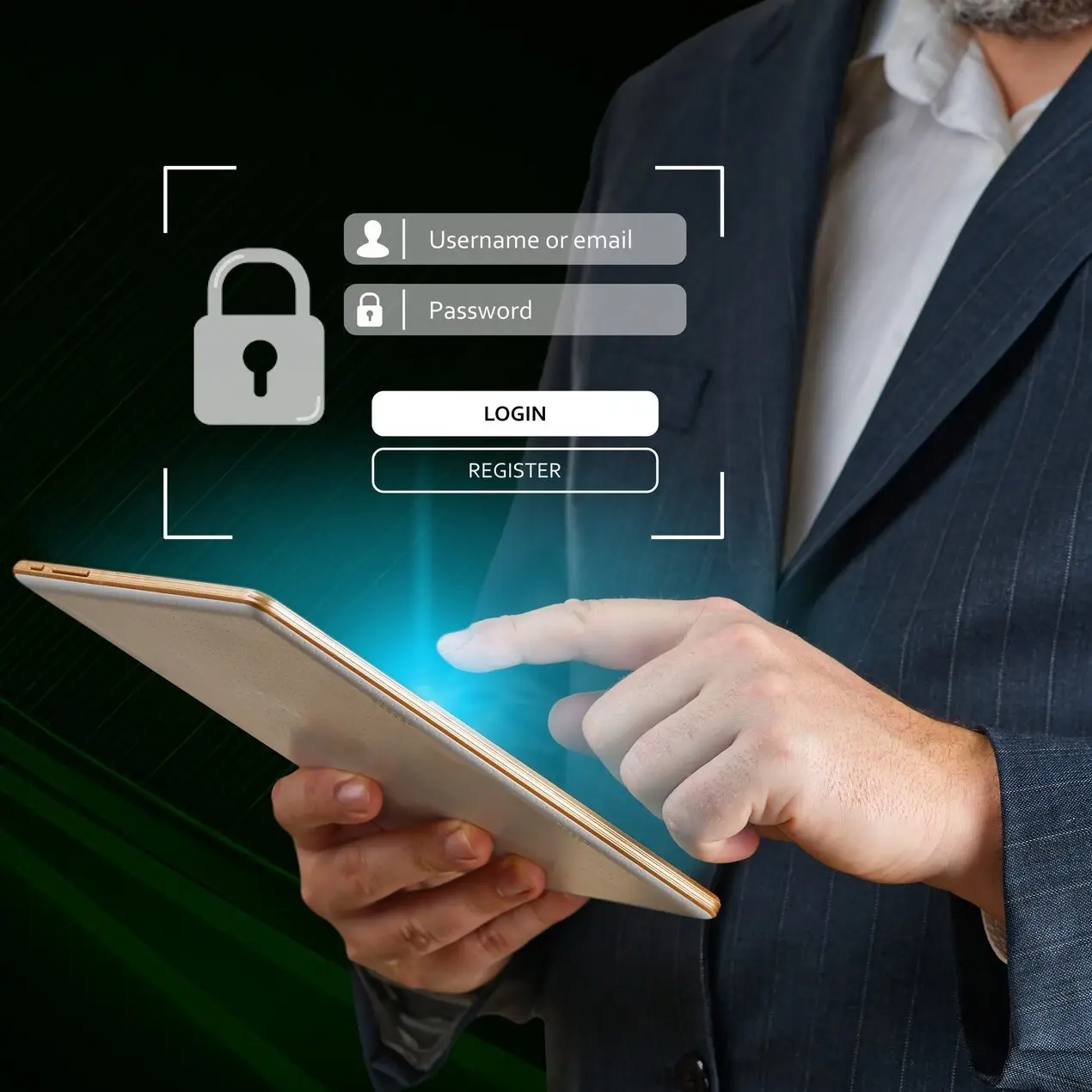 Eine Person im Anzug greift mit einem Tablet auf eine Firmenhomepage zu. Daraufhin wird eine Anmeldeoberfläche mit Feldern für „Benutzername oder E-Mail“ und „Passwort“ angezeigt, begleitet von Benutzer- und Vorhängeschlosssymbolen. Schaltflächen für „Anmelden“ und „Registrieren“ sind auf dieser eleganten WordPress-Website prominent platziert.