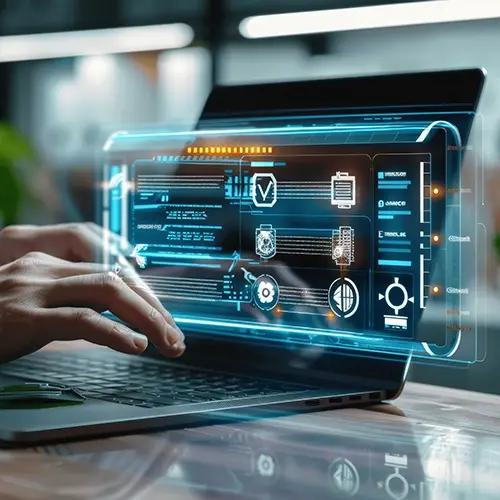 Eine Person tippt auf einem Laptop, auf dem eine futuristische, holografische Benutzeroberfläche mit digitalen Symbolen, Diagrammen und Datenvisualisierungen angezeigt wird. Der moderne Arbeitsplatz spiegelt mit seinen verschwommenen Hintergrundelementen den Innovationsgeist von Webdesign in Düsseldorf wider.