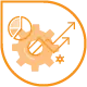 Ein orangefarbener Kreis umschließt einen Schlüssel, ein Zahnrad und ein Kreisdiagramm vor einem hellen Hintergrund. Die überlappenden Elemente evozieren Analytik und Mechanik und erinnern an die Gestaltung einer WordPress-Website für verbesserte Funktionalität und moderne Ästhetik.