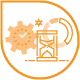 Ein orangefarbenes, rundes Emblem mit einem im Uhrzeigersinn verlaufenden Pfeil umgibt einen Laptop, Zahnräder und ein Häkchen und verkörpert Themen wie Technologie und Prozessabschluss. Perfekt zur Illustration von Webdesign-Updates oder zur Präsentation einer Website für Firmen in Düsseldorf.