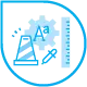 Symbol, das ein stilisiertes Designabzeichen in Blau und Hellblau darstellt, perfekt für eine WordPress-Website. Es zeigt einen Bleistift, ein Lineal, einen Pinsel und ein dreieckiges Lineal und symbolisiert Kunst und Maß im Webdesign für Düsseldorfer Unternehmen.