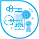 Blaues Symbol mit überlappenden Zahnrädern, einem Smartphone und Pfeilen, zusammengefasst in einer Tropfenform – perfekt, um innovatives Webdesign in Düsseldorf hervorzuheben.