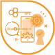 Oranges geometrisches Design mit Zahnrad- und Chatblasensymbolen im Inneren, perfekt für eine Firmenhomepage. Das Design enthält überlappende Formen mit einem kreisförmigen Rand. Die inneren Strukturen deuten auf Kommunikations- und Technologiethemen hin, ideal für die Präsentation von Webdesign in Düsseldorf.