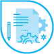 Ein Symbol mit einem blauen Dokument mit horizontalen Linien, einem Zahnradsymbol und einem Pluszeichen, alles innerhalb einer blauen Schildumrandung, was auf die robuste Sicherheit und Anpassbarkeit einer WordPress-Website hinweist.