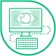 Ein stilisiertes grünes Symbol zeigt einen Computermonitor mit einem Auge auf dem Bildschirm, umgeben von einer runden Sprechblase, und symbolisiert innovatives Webdesign in Düsseldorf.