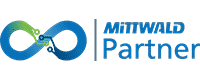 Das Bild zeigt ein Logo mit einem Unendlichkeitssymbol in Grün- und Blautönen. Daneben ist der Text „Mittwald Partner“ elegant in Blau dargestellt, was die Kompetenz in der Entwicklung von WordPress-Websites widerspiegelt.