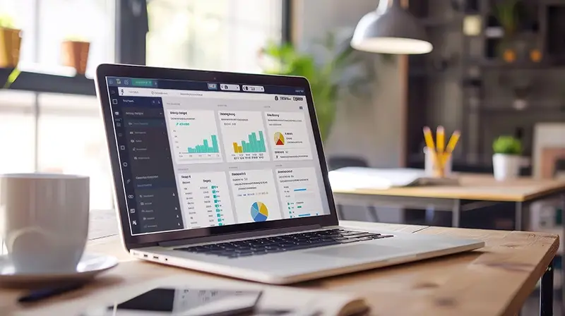 Auf einem Holztisch steht ein Laptop, auf dem verschiedene Dashboards zur Datenanalyse mit Grafiken und Diagrammen angezeigt werden. Daneben stehen eine weiße Kaffeetasse, ein Smartphone und einige Schreibwaren. Im Hintergrund ist ein heller, sonnendurchfluteter Büroraum zu sehen.