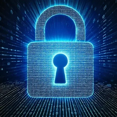 Ein leuchtendes digitales Vorhängeschloss aus Binärcode steht für Cybersicherheit. In der Bildmitte zeigt es einen strahlend blauen Umriss vor einem dunklen Hintergrund voller fließender Codezeilen und spiegelt die Präzision wider, die dem professionellen Webdesign Düsseldorfs entspricht.