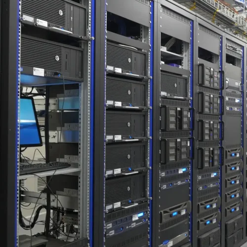 Many powerful servers running in the data center server room. Many servers in a data center. Many