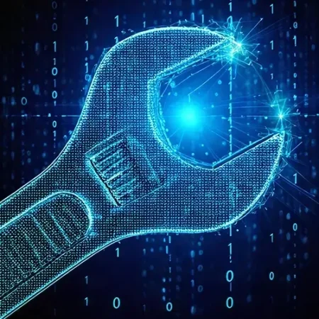 Digitale Illustration eines Schraubenschlüssels aus blau leuchtenden Linien und Punkten, umgeben von Binärcode. Der dunkle Hintergrund verstärkt den Leuchteffekt, ähnlich der Präzision, die man in Webdesign-Projekten in Düsseldorf sieht.